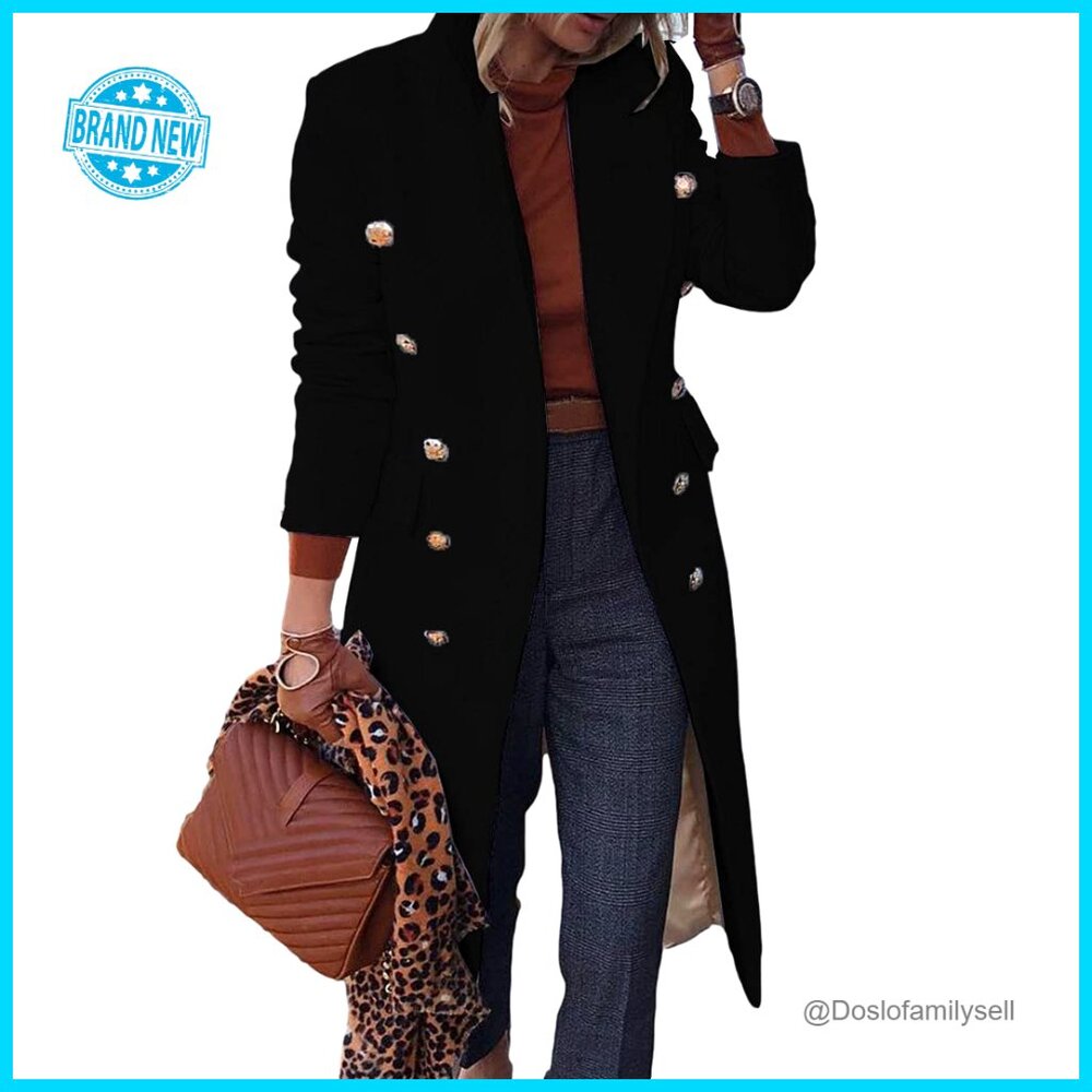 Elegant Notched Collar Double Button Slim Long Wool Blend Pea Coat Jacket